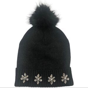 Mixit Beanie Hat with Faux Fur PomPom & Crystal Snowflakes Black One Size